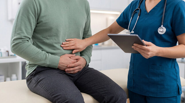 Doctor examines male patient complaining of abdominal pain in a clinic. Medical professional performs stomach check during consultation