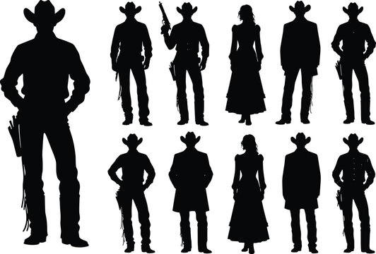 Western cowboy silhouette illustration set, frontier culture artwork, classic Wild West vector design, ranch lifestyle graphic icon, black white outlaw symbol