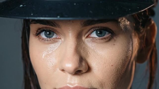 Detailed Portrait of Young Woman with Wet Hair Wearing a Stylish Cap