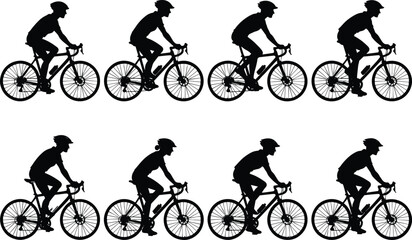 Obraz premium Cycling silhouette illustration set, bicycle sport artwork, cyclist motion vector design, athletic graphic icon, black white riding posture symbol