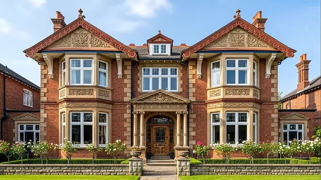 Elegant red brick Victorian house with bay windows and ornate architecture, in bright daylight with a garden.