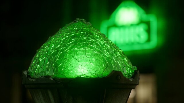 Glowing green fractured crystal orb in a dark, metallic holder