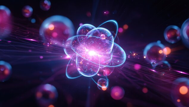 Glowing atom model surrounded by spherical forms on a dark background