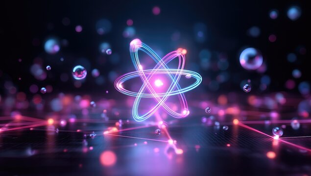 Glowing atom model with orbiting electrons and scattered illuminated orbs on a dark background