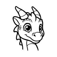 Dibujo sencillo con líneas de la cabeza de un bebé dinosaurio o dragón simpático © teracreonte