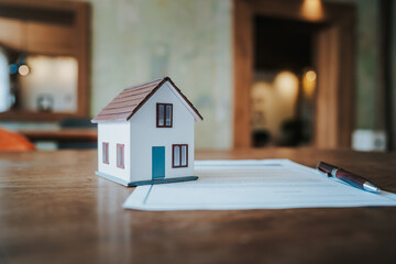Miniature house model placed on real estate documents with a pen on a wooden table, symbolizing property investment and home ownership concept.