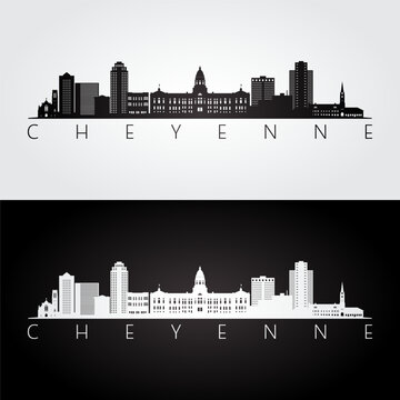 Cheyenne, WY skyline and landmarks silhouette, black and white design, vector illustration.  