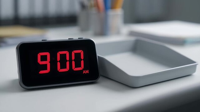 Digital alarm clock shows 900 AM next to an empty tray