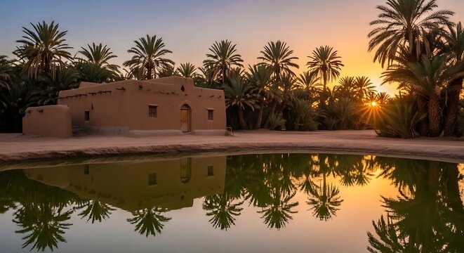 Serene Oasis at Sunset - Traditional Mud Brick Building Reflected in Calm Water Surrounded by Palm Trees.
