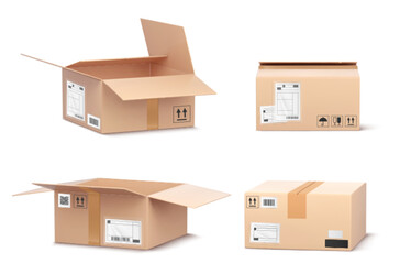 Fototapeta premium Realistic 3D cardboard open box mockup wirh tape realistic vector. Brown delivery package isolated on white. Parcel with fragile, keep dry symbols, shipping or postal service elements