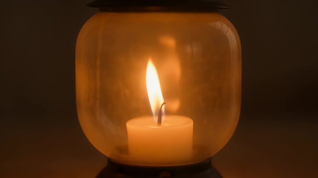 A lit candle glows warmly inside a frosted glass lantern