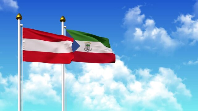 Waving flags of AUSTRIA and EQUATORIAL GUINEA on pole included with alpha