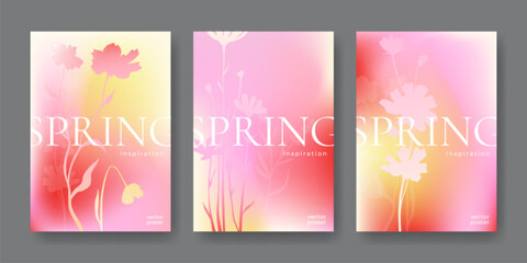 Spring backgrounds with soft gradient bloom and delicate wild flower and leaves silhouettes, abstract floral atmosphere vector poster set. Bright seasonal pattern, design and nature template
