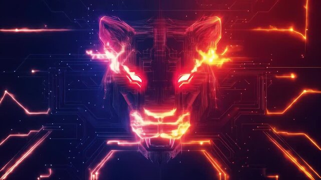 Futuristic digital wolf head made of glowing circuit board lines and fiery neon energy pulses
