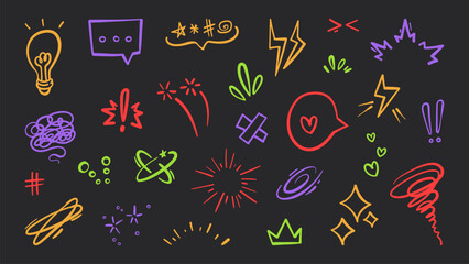 Comic effect emphasis symbols, vector line icons isolated on black. Speech bubble, sparkling stars, light bulb and dynamic motion rings, emotion hand drawn brush strokes, anime style graphic elements