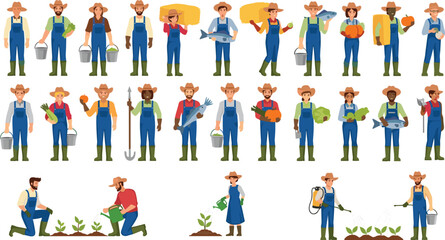 Farmers Collection with Agricultural Workers Holding Tools Vegetables and Equipment Rural Farming Vector Illustration Set © Mifta