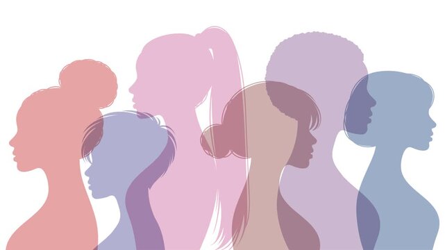 Diverse women silhouettes standing sideways animation in pastel colors on white, transparent background female profiles for Women History Month international women's day feminism equality empowerment
