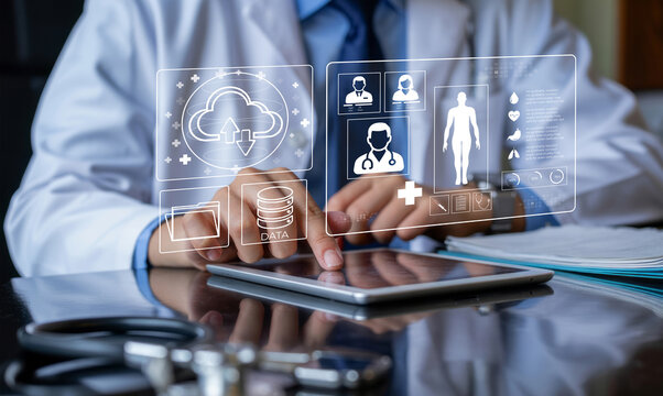 Doctor accessing electronic medical records via digital cloud healthcare platform for patient data management and security in professional hospital.