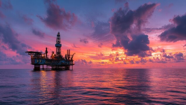 Offshore platform against a vibrant sunset over tranquil ocean waters