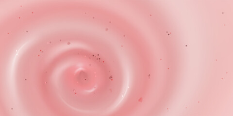 Creamy strawberry yogurt swirl with small particles, realistic vector background. Top view of pink wave pattern, smooth cosmetic texture. Delicious fruity ice cream, dessert or beauty product design