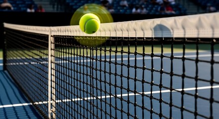 Obraz premium Tennis Ball Flying Over Net on Court During Game.