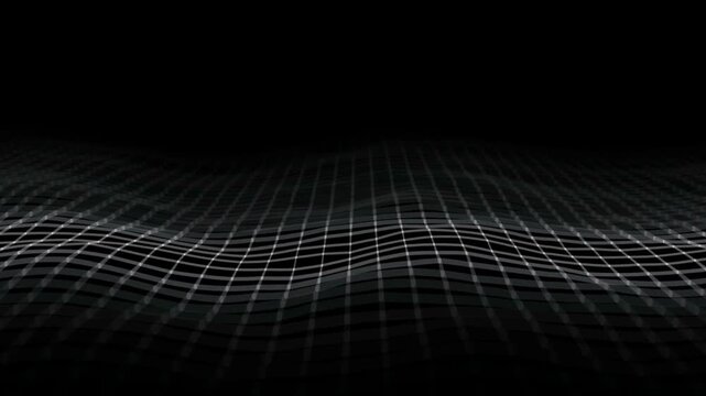 Animation of wave particle binary technology coding white digital line wave against black background
