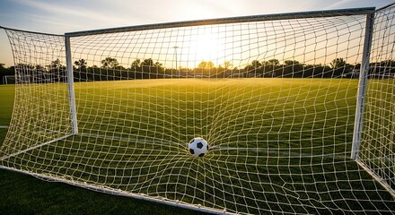 Fototapeta premium Soccer ball in the net on a grassy field at sunset.