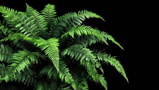 Close-up of lush, vibrant green fern fronds against a stark, black background