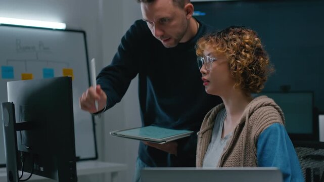 Adult male,asian female freelance typing write prompt AI bot IT app smart program,develop agentic ai,terminal with coding language,ux ui interface,designer,big data server center,quantum computer.