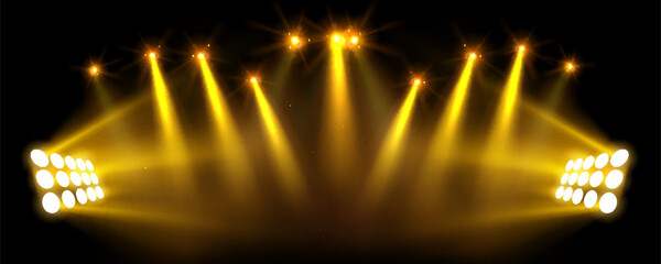 Bright stadium lights on dark night sky background with stars, realistic vector bg. Illumination for sports arena with powerful yellow beams, dramatic atmosphere banner for football games © klyaksun
