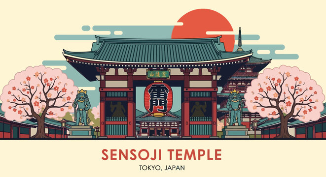Sensoji Temple Tokyo Japan Pixel Art Cherry Blossom Sun