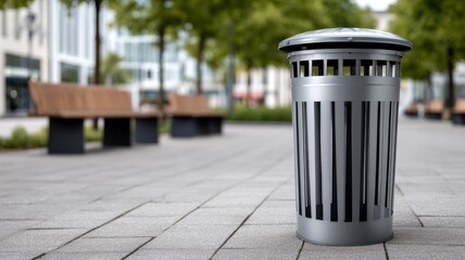 Fototapeta premium Urban trash can in public park with benches and trees
