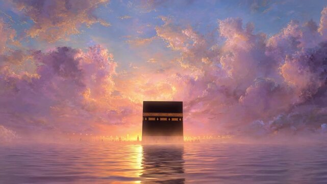 Majestic shining Kaaba at sunset with vibrant colorful sky and reflective water  emphasizing spiritual significance and divine illumination during religious observance