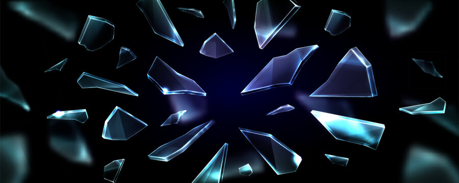 Shattered glass pieces flying in air, realistic vector background. 3d ice shards and crystal fragments with dynamic broken mirror effect. Window explosion texture on dark backdrop