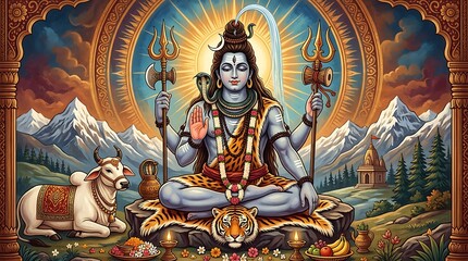 Fototapeta premium Sacred Blue God Meditating with Tridents and Tiger