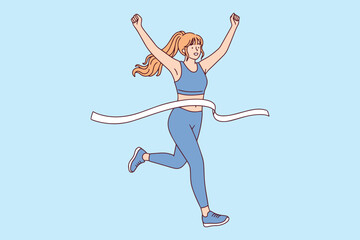 Fototapeta premium Athlete crossing finish line for March 8 celebration of female achievement and International Women's Day sports victory and breaking gender barriers