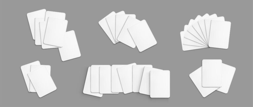 Blank playing card mockup with empty deck template. Realistic 3D vector set of poker game cards in white stack, isolated business presentation design for casino branding projects.
