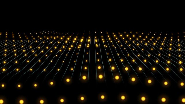 3d perspective grid lines loop animation abstract technology background, Black background with animated waving gold wireframe grid line fit for alpha channel or overlay layer