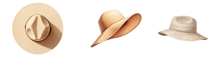 Three straw hats on transparent background for fashion or accessory design