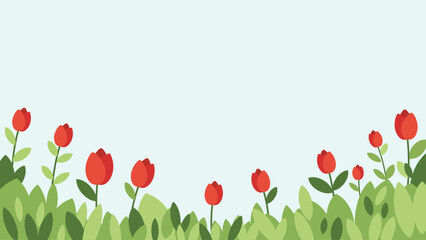 red tulip flowers blooming in a green spring meadow illustration