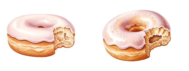 Two pink frosted donuts with bites taken out on transparent background