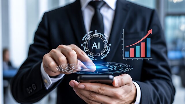 Businessman using artificial intelligence analytics dashboard with financial growth chart