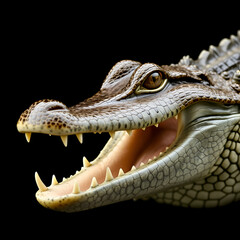 Fototapeta premium Side view closeup of spectacled caiman with opened mouth with sharp teeth on black background