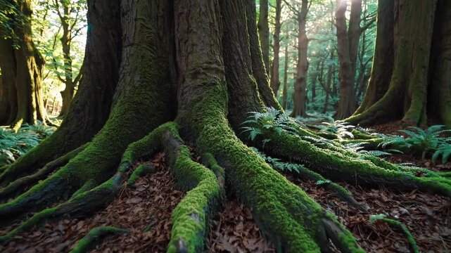 Old tree roots bathed in gentle sunlight glow, Mossy roots at ancient tree base under dappled forest light, Vivid ferns and moist earth surround ancient roots bathed in soft sunlight
