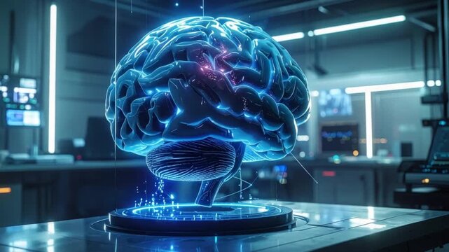 Futuristic glowing human brain model in a high-tech laboratory