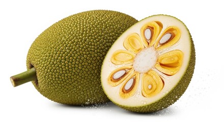 Naklejka premium Fresh jackfruit displayed with its juicy, segmented interior exposed for viewing