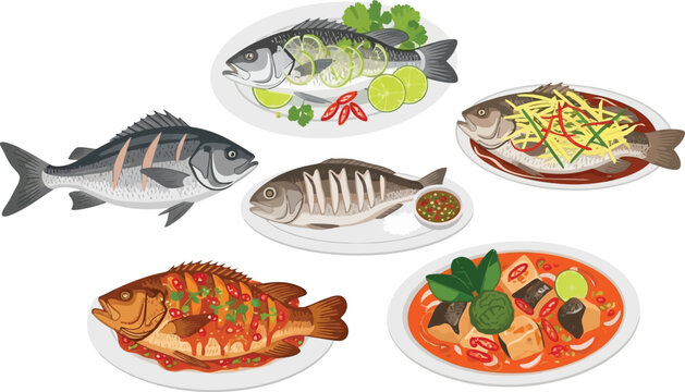 Asian style cooked fish dishes collection set with grilled fried and steamed recipes on plates isolated vector graphics
