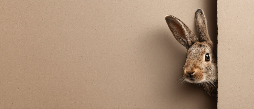Minimalist Easter rabbit head looking through paper hole, soft fur texture on white background, spring greeting card