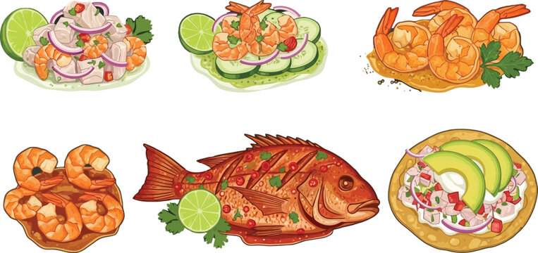 Mexican seafood dishes set with ceviche shrimp cocktails and whole fried fish lime and cilantro garnish