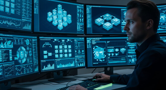 Man analyzing data on multiple computer screens in a dark room with blue glow monitoring and controlling digital information